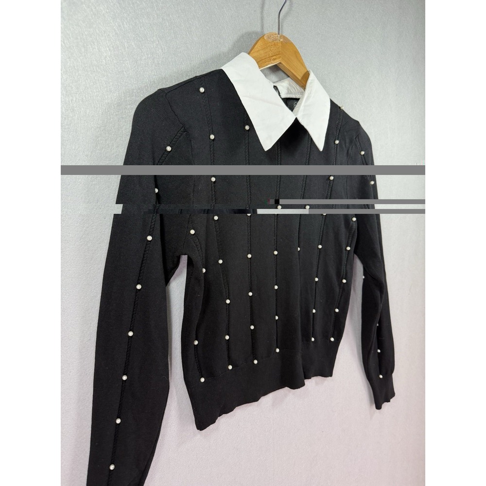 On 12th Crisp White Pointed Lapel Collar Black Knit Sweater Dark Academia Gothic - Picture 2 of 9